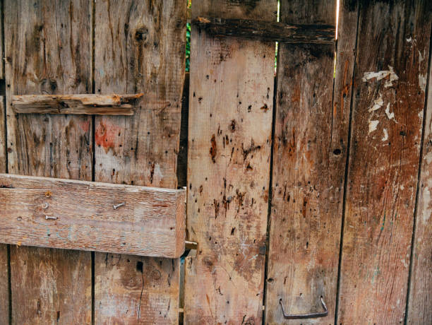 Реставрированная деревянная дверь с античным замком и ручкой